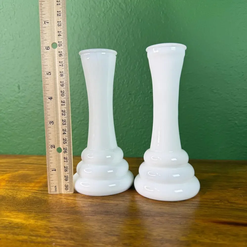 Vintage Milk Glass Vase Set Two Bud Vase Glasses